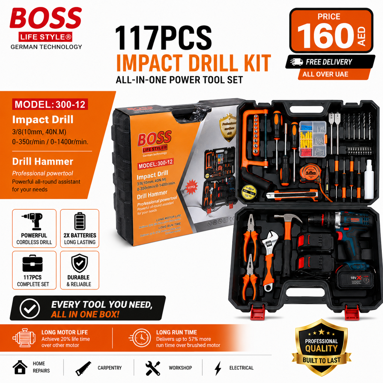 BOSS 117 PCS Impact Drill Kit – Complete Power Tool Set